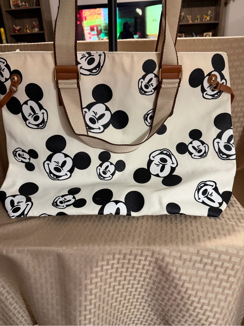 Canvas Mickey Print Tote Bag - Cream & Black